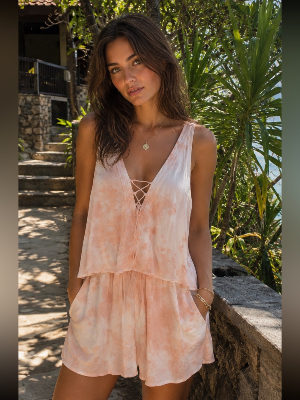 Gentle Fawn Peach Tie-Dye Sleeveless Romper